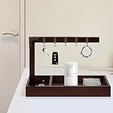 Wonderjune Key Tray for Entryway Table, with 5 Metal Hooks and Wood Base, Vintage Wood Key Tray Stand Holder for Keychain Jewelry Catchall Necklace Jewelry Ring Organizer, 11.8 x 11 x 5.91 Inch