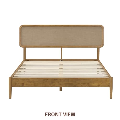 Image of NTC Lupin Wooden Bed Frame with Headboard, Solid Oak and Rubber Wood Foundation with Silent Slats and Wood Central Supports, 1000 Lb Capacity, Queen - Teak Look