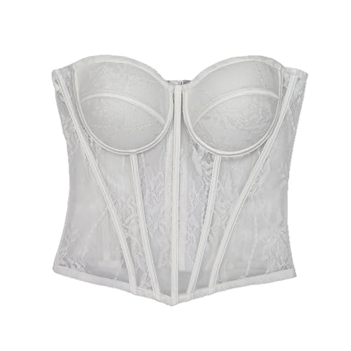 Gnoboshgh Women's Bustier Crop Detachable Strap Lace Up Hollow Out Embroidered Camisole Breathable Waist Binding Corset (white cupAB,Large)