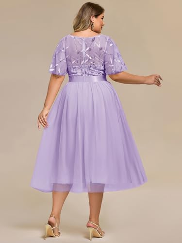 Image of Ever-Pretty Plus Women's Round Neck Embroidery Short Sleeves Sequin Tulle Midi Plus Size Cocktail Wedding Guest Dresses Lavender US20
