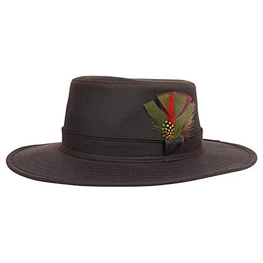 Nicky Adams Countrywear Waterproof Waxed Bushman Hat | Unisex Stylish Fedora with Feather Accent | Made in UK Brown