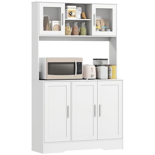 HOMCOM Küchenschrank Hochschrank mit Arbeitsplatte Buffetschrank mit Verstellbaren Einlegeböden, 5 Türen, Vorratsschrank mit Glastüren, Skandinavisches Design, Weiß