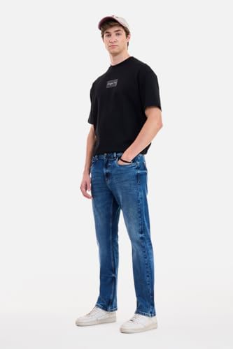 Image of SNITCH Men Casual Jeans | Straight Fit Mid Rise Solid Washed Pattern | Durable Cotton Blend & Stretchable Denim Fabric, Work & Social Outings