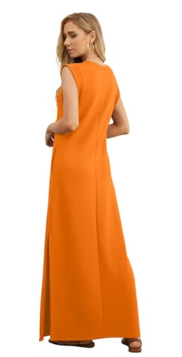 Image of GRECERELLE 2026 Women Year-Round Casual Round Neck Loose Split Wrinkle-Free Long Maxi Vacation Dress with Pockets (XXS-4XL)