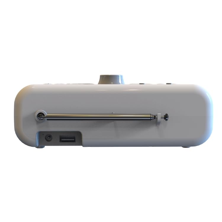 Side view of ELECTROPRIME BT-A5 clock radio showing USB port, DC charging port, and antenna connection.