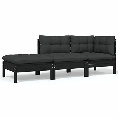 Chusui 3-TLG. Garten-Lounge-Set mit Kissen, Gartenlounge, Balkon Möbel, Terrassenmöbel, Lounge Gartenmöbel Set, Loungemöbel Terrasse, Balkon Lounge, Schwarz Massivholz Kiefer