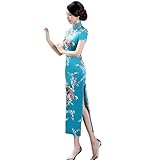 Chinese Style Dress Improves Cheongsam Temperament, Retro Long Silk Printed Daily Banquet Women's Performance Clothing (Blue,Medium)