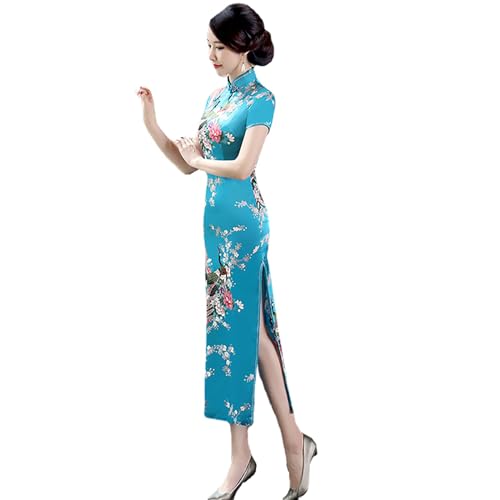 Chinese Style Dress Improves Cheongsam Temperament, Retro Long Silk Printed Daily Banquet Women's Performance Clothing (Blue,XXXXL)