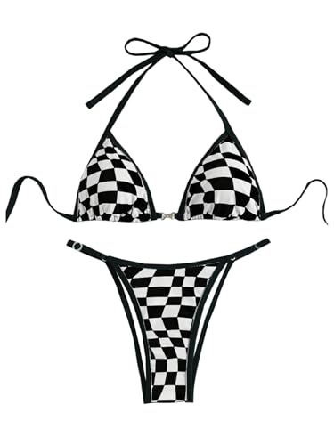 Maillot de bain 2 pièces coupe haute bikini à carreaux noir taille S
