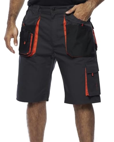 Mens Summer Cargo Shorts with Multi Pockets - Half Work Trousers, Men Sizes S - XXXL, Quality Workwear (XL, Black/Orange)