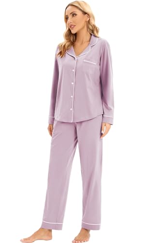 Image of LUBOT 100% Cotton Pajamas for Women PJ Set Soft Long Sleeve Button-Down Shirt 2 PC Set Warm Sleepwear Loungewear Night Suit (Lavender, M)