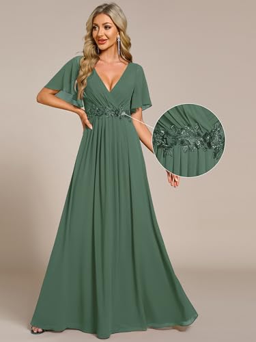 Image of Ever-Pretty Womens V Neck Applique Mother of the Bride Dresses Formal Dress | Chiffon, Short Sleeves, Ruched, A-Line, Bridesmaid Dresses, Formal Gown, Black Tie Dress