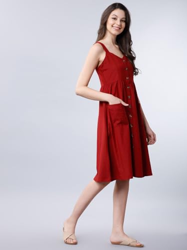 Image of Tokyo Talkies Women's Sleeveless Shoulder Straps Solid Knee Length Dresses | Stylish| Casual