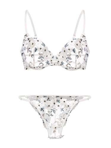 Image of Lilosy Sexy Floral Embroidered Mesh Sheer Underwire Lingerie Set