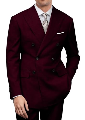 Mens Double Breasted Suit Slim Fit Solid Suit Jacket and Dress Pants 2 Piece Set Prom Wedding Suits for Men