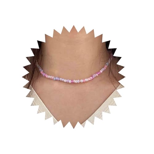 Xduargs Colar Boho com miçangas de sementes de arroz rosa, vintage, gargantilha com contas, ajustáve