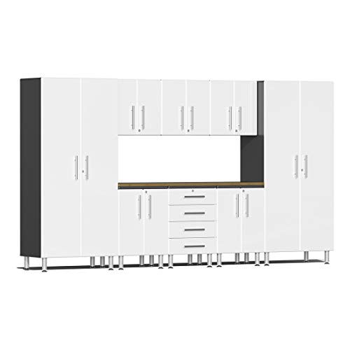 Ulti-MATE UG23092W 9-Piece Garage Cabinet Kit with Bamboo Worktop in Starfire White Metallic