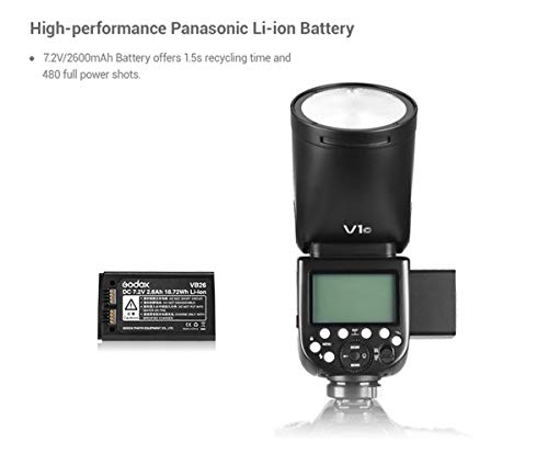 Godox V1N 76Ws 2.4G I-Ttl On-Camera Round Camera Flash Speedlight Compatible For Nikon Cameras,5600±200K, 480 Full Power Shots, 1.5 Sec. Recycle Time,Rechargeable 7.2V 2600Mah Li-Ion Battery #TOP4