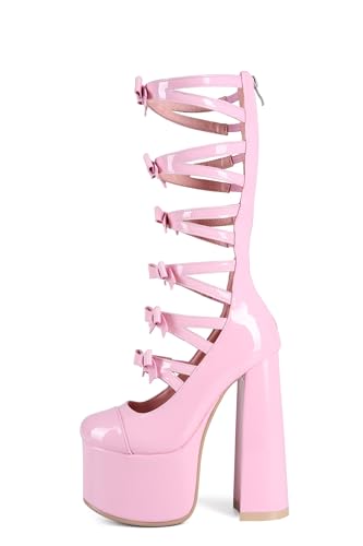 Kawaii Sweet Lolita Chunky Platform Knee High Heeled Boots, Cosplay Anime Patent Bow Ribbon, Y2K Gothic Hot Cute Lovely Girl Big Large Size Shoes For Women Men3