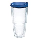 Tervis Clear & Colorful Lidded Made in USA Double Walled Insulated Tumbler Travel Cup Keeps Drinks Cold & Hot, 24oz, Blue Lid, 1 Count (Pack of 1)