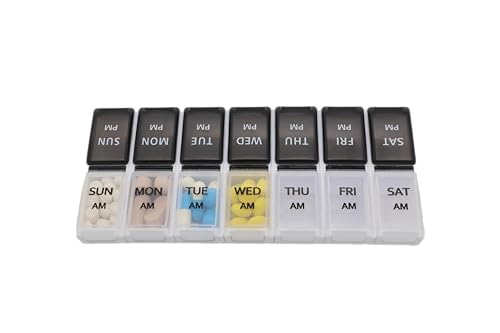 Image of 7 Day Weekly Pill AM PM Organizer, ShysTech Large Pill Case Pill Box for Pills /Vitamin /Supplements /Medication (Separable, Small Black /White)