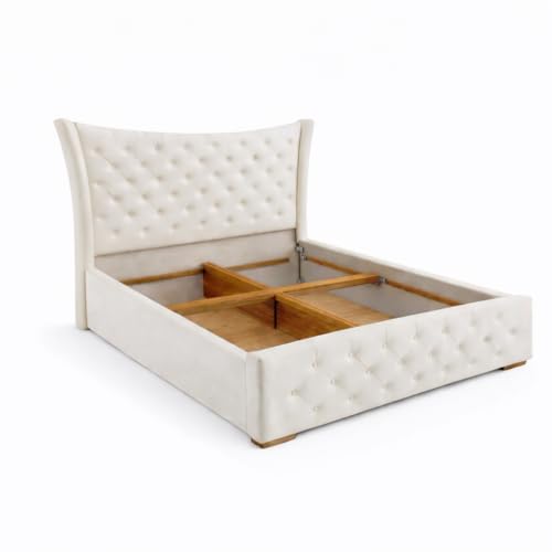 Image of Pearl Upholstered King Size Bed with Box Storage for Bedroom | Elegant Wooden Double Bed with Storage | Platform Cot Palang with Tufted Headboard | 6.5 x 6 Ft | Sheesham Wood | White