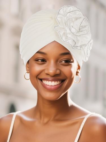 Bohend African Black Turban Flower Stretchy Women Head Wraps Rhinestone Elastic Head Scarf for Head Covering2