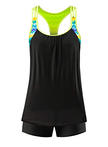 EVALESS Women 2pcs Print Tankini with Boy Short Racerback Sleveless Push Up Padded Layered Style Bathing Suit Swimwear X-Large Black
