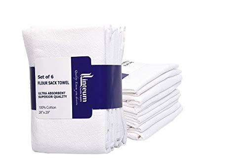Linteum Textile Classic White Flour Sack Kitchen Dish Towels, 6 Pack - 28X29, 100% Cotton, Tea Towels, Absorbent And Long-Lasting Material For Dish Drying, Cleaning, Embroidery #TOP5