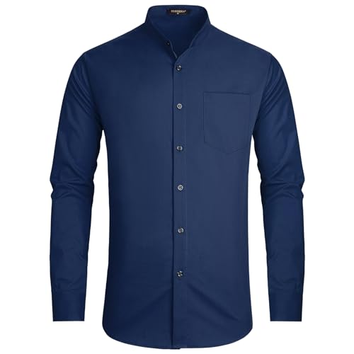 HISDERN Mens Shirts Long Sleeve Navy Blue Dress Shirts for Men Adult Collarless Shirt Men Casual Business Shirt with Pocket S