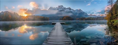 artissimo, Glasbild 80x30 cm, AG5734A, Bergsee mit Steg – Alpen Panorama im Sonnenaufgang, Bild...