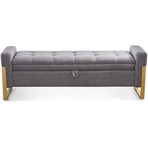 adochr Storage Ottoman Bench, End of Bed Bedroom Bench, Linen Upholstered Window Bench with Button-Tufted & Gold Metal Legs, Entryway Bench for Living Room, Light Grey Cover