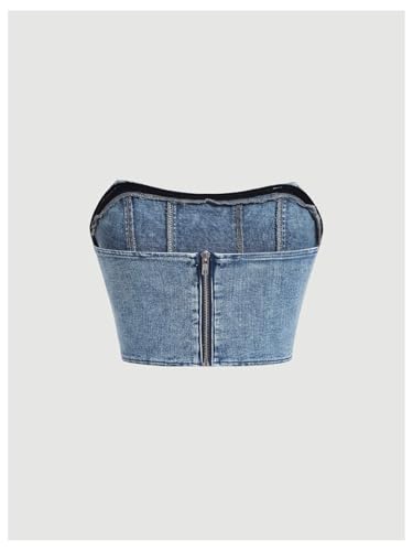 WDIRARA Women's Denim Tube Top Y2k Strapless Sleeveless Zip Back Bandeau Crop Tops2
