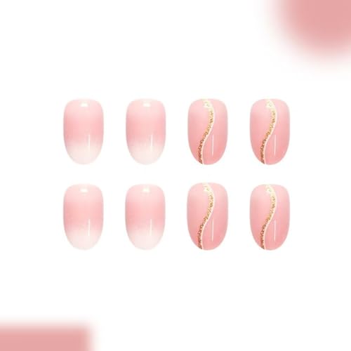 Image of Ombre Pink Press on Nails with Gold Glitter Line Fake Nails Shimmery Design Stick on Nail Glossy Full Cover Short Almond for Women Manicure 24Pcs