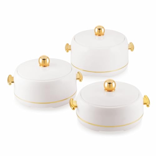 Image of Modware Atlantis Casserole Set of 3-1500ml /2000ml /2500ml Elegant Design Premium Hot Pot, Retains Temperature for Hours, Insulated Inner Steel Casserole for Roti Hot Box for Home Chapati Box (White)