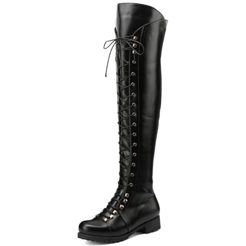 WUIWUIYU Women's Knee-High Boots Combat Riding Over Knee High Boots Lace Up Motorcycle Boots with Inside Zipper