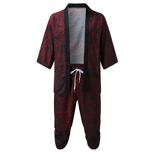 Bauzuoyo Kimono Set Hombre Japonés Multicolor Estampado Suelto Cardigan Hombre Sin Botones Traje de 2 Piezas Verano Manga 3/4 Kimono Dos Piezas Traje Casual Hip Hop Streetwear Kung Fu Traje, A1