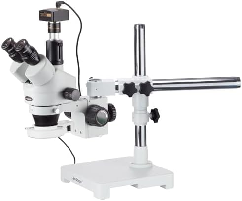 AmScope SM-3T-54S-5M Digital Professional Trinocular Stereo Zoom Microscope, WH10x Eyepieces, 7X-45X Magnification, 0.7X-4.5X Zoom Objective, 54-Bulb LED Light, Single-Arm Boom Stand, 110V-240V, Includes 5MP Camera with Reduction Lens and Software