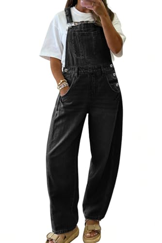 chouyatou Women's Baggy Adjustable Strap Denim Bib Overalls Barrel Jeans Casual Loose Wide Leg Denim...