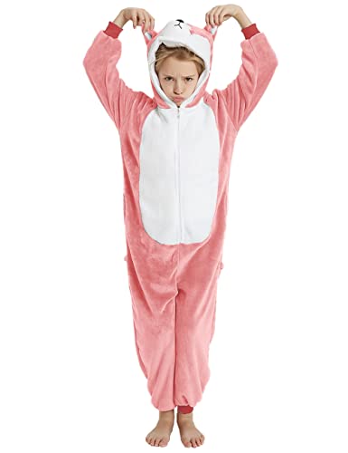 ANBOTA Kids Dog Costume Onesie for Halloween Boys Girls Husky Puppy Cosplay Fleece One Piece Pajama Zipper Closure (Pink Dog, 140 for height 4'5'-4'9')