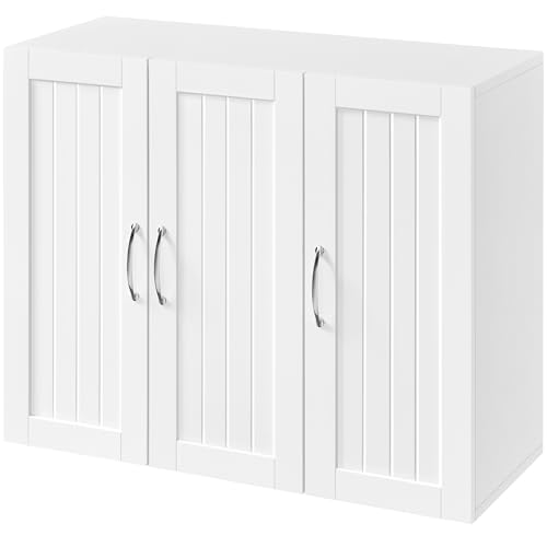 Yaheetech Kitchen Wall Cabinet with 3 Doors Wall Mounted Medicine Cabinet with E1 MDF and Adjustable Shelf Bathroom Storage Cupboard for Living Room Hallway and Laundry White