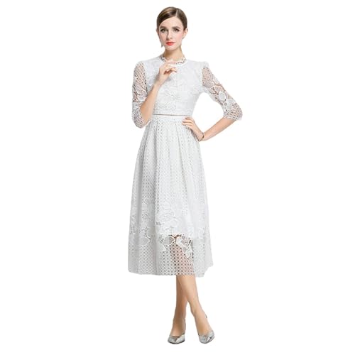 Robe longue manches 3/4 femme en dentelle ajourée chic et élégante