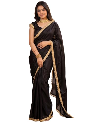 Image of AKHILAM Women's Shimmer Net Solid Saree With Unstitched Blouse Piece