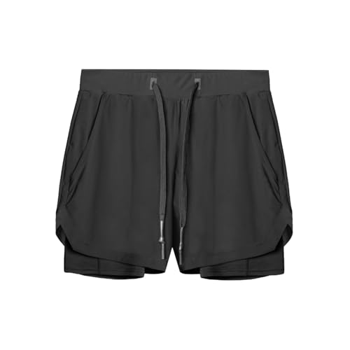 Pantalones cortos versátiles para hombre, color sólido, informal, con cintura elástica, diseño ligero y transpirable, de doble capa, deportes deportivos de secado rápido para, Negro , M