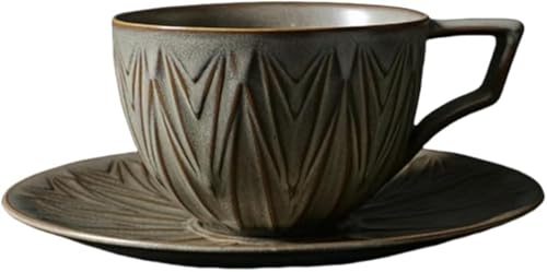 AOBOPO中国風レトロデザイン セラミック製ラテコーヒーカップ&ソーサーセット メンズ・レディース兼用 アフタヌーンティー/ミルクティー/ホットコーヒー専用 グレー基調 伝統花鳥模様込み 耐熱性良好