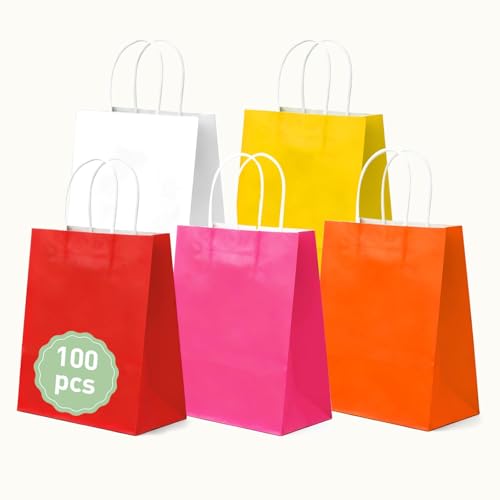 Crisgus 100Pcs Bolsas Papel Kraft Gruesas con Asas de Cuerda, 5 colores, 15x8x21cm, Bolsas de Regalo para Fiestas, Cumpleaños, Navidad y Compras