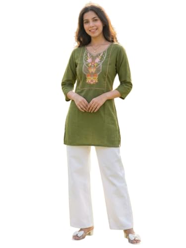 Image of Cotton Blend Embroidered Straight Kurta for Women | Cotton Blend | 3 /4 Sleeve | Round Neck V-Slit | Ethnic Wear Casual Wear