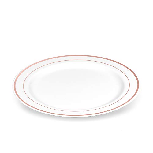 Bloomingoods Rose Gold Rimmed Plastic Plates (100 Pack) 7.5" Inch Heavyweight White Dessert/Appetizer Plates | Real China Look Weddings Parties And Events Plates | Disposable Or Reusable #TOP5