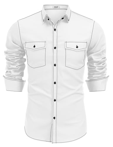 COOFANDY Mens Western Cowboy Shirts Cotton Long Sleeve Shirts with Two Pockets Embroidered White