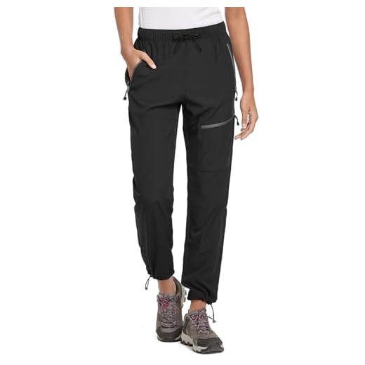 BALEAF Pantalones de senderismo para mujer, resistentes al agua, de secado rápido, ligeros, con protección UV UPF 50, pantalones funcionales con bolsillo con cremallera, Negro-zv, XL